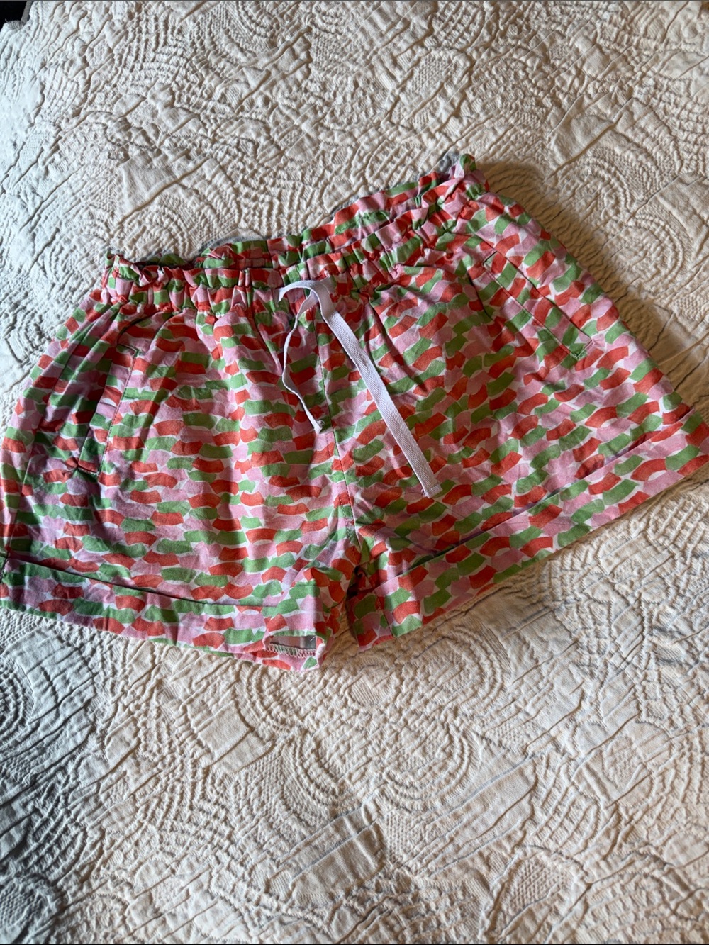 bella bliss Pink and Green Geometric Drawstring Shorts